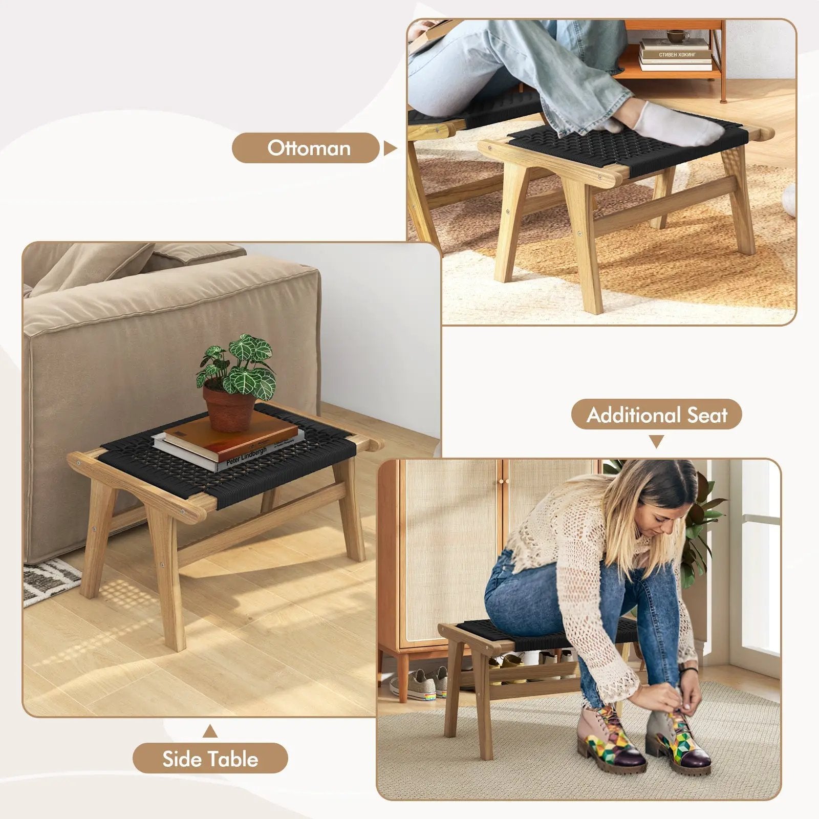 Indoor Outdoor Ottoman Footstool Teak Wooden Foot Rest with Handwoven Cordage by DirectDeals
