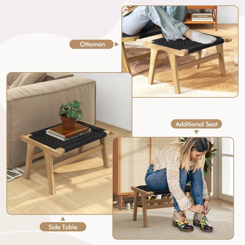 Indoor Outdoor Ottoman Footstool Teak Wooden Foot Rest with Handwoven Cordage by DirectDeals