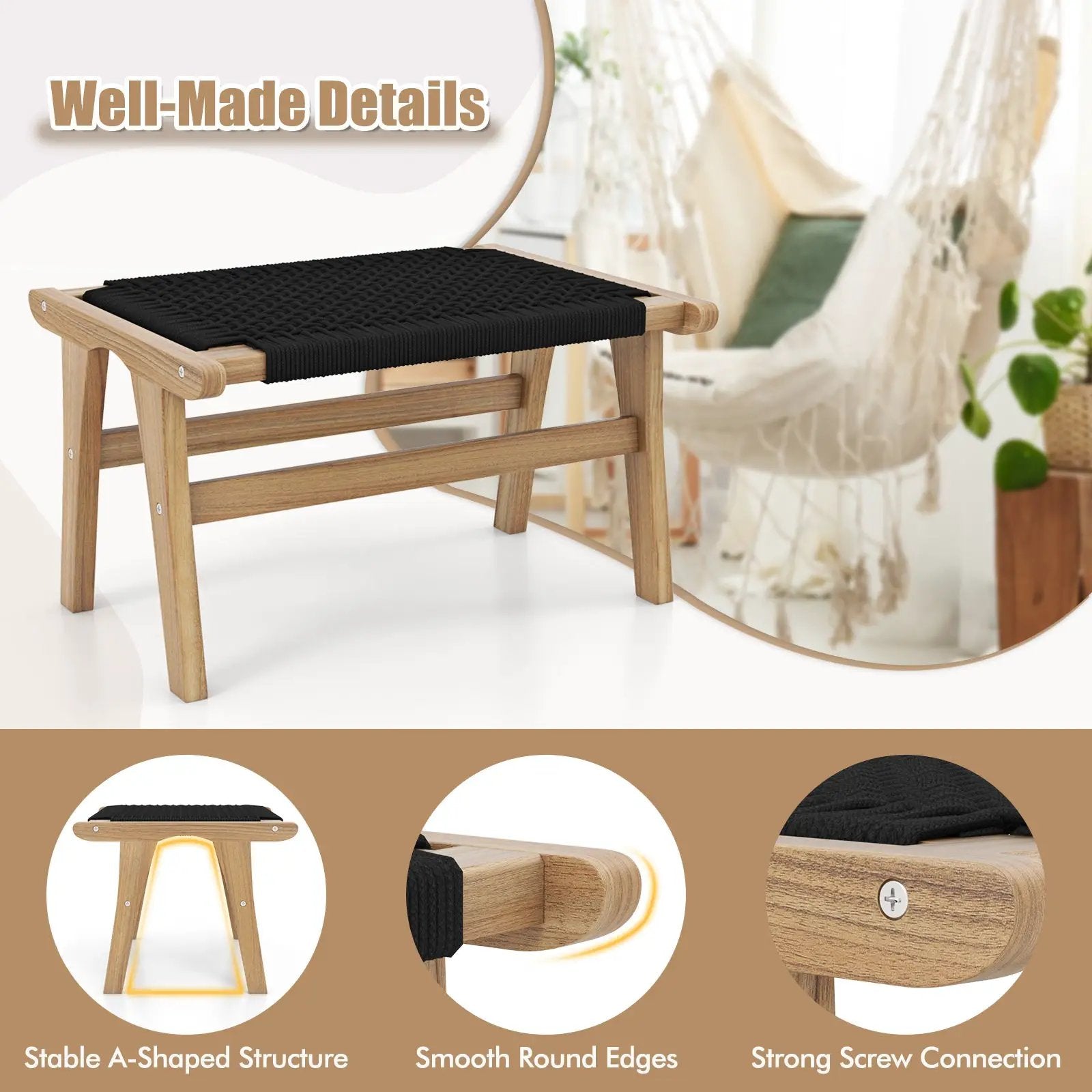 Indoor Outdoor Ottoman Footstool Teak Wooden Foot Rest with Handwoven Cordage by DirectDeals
