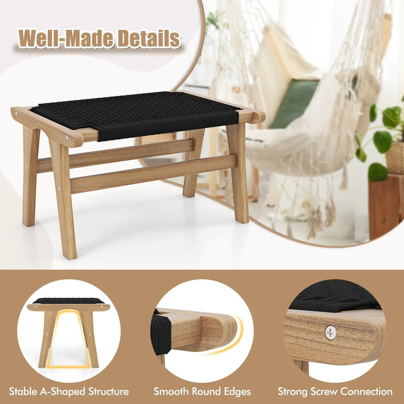 Indoor Outdoor Ottoman Footstool Teak Wooden Foot Rest with Handwoven Cordage by DirectDeals