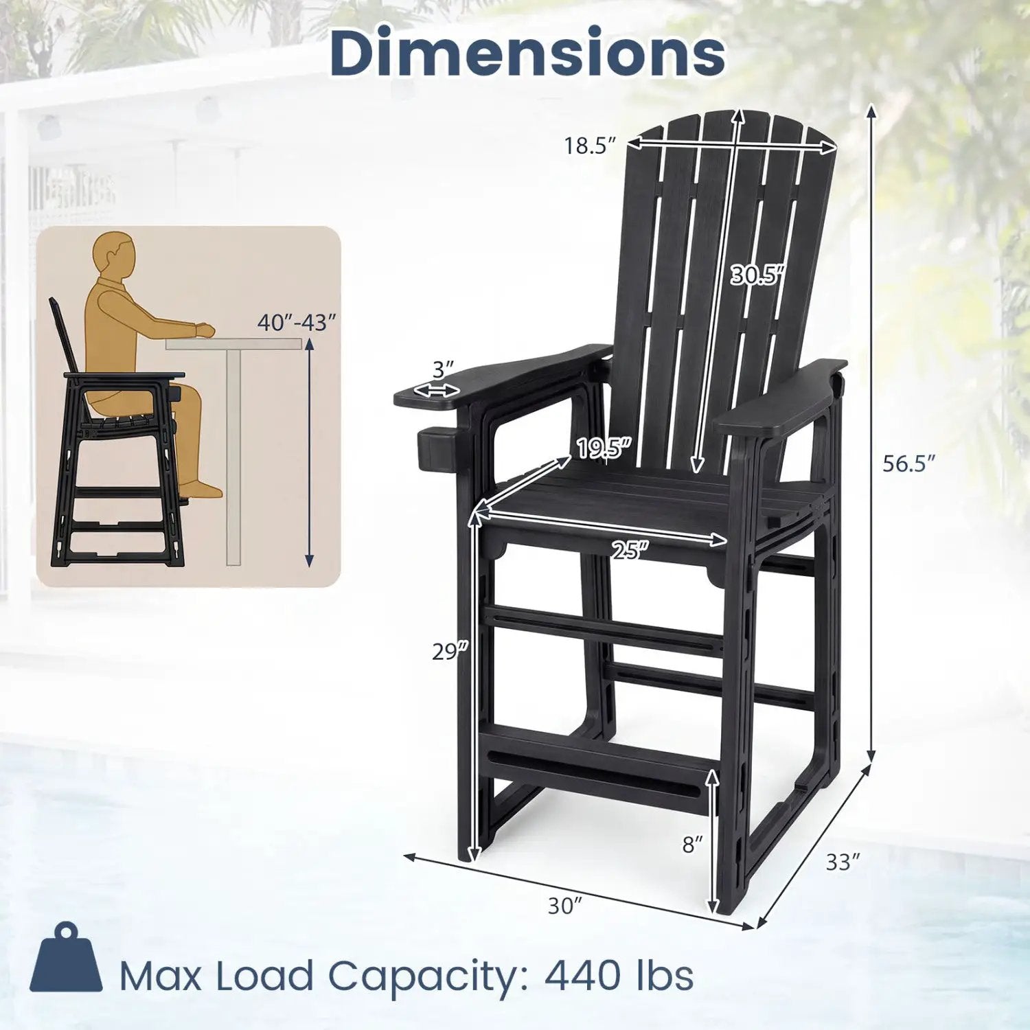 Outdoor Bar Stool 29" Height with Backrest and Armrests by DirectDeals