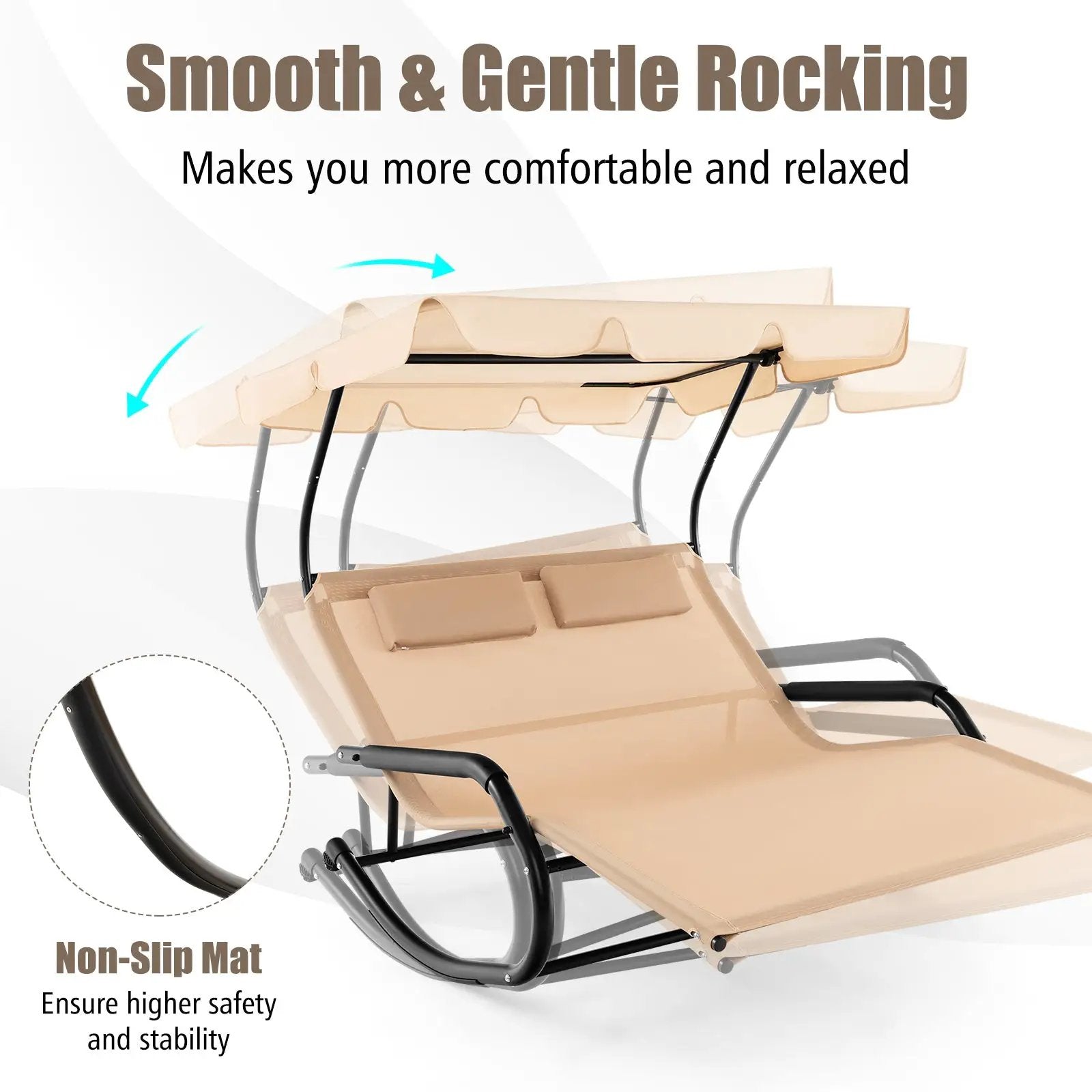 Outdoor 2 Persons Rocking Chaise Lounge with Canopy and Wheels-Beige by DirectDeals