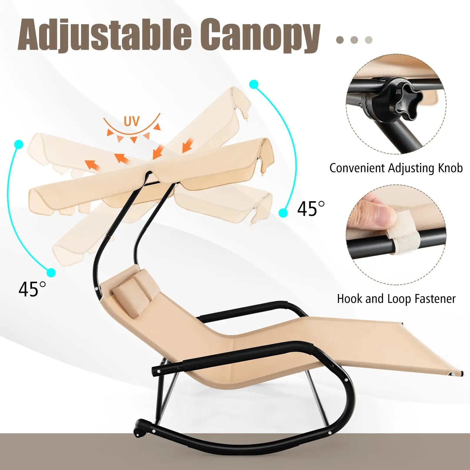 Outdoor 2 Persons Rocking Chaise Lounge with Canopy and Wheels-Beige by DirectDeals