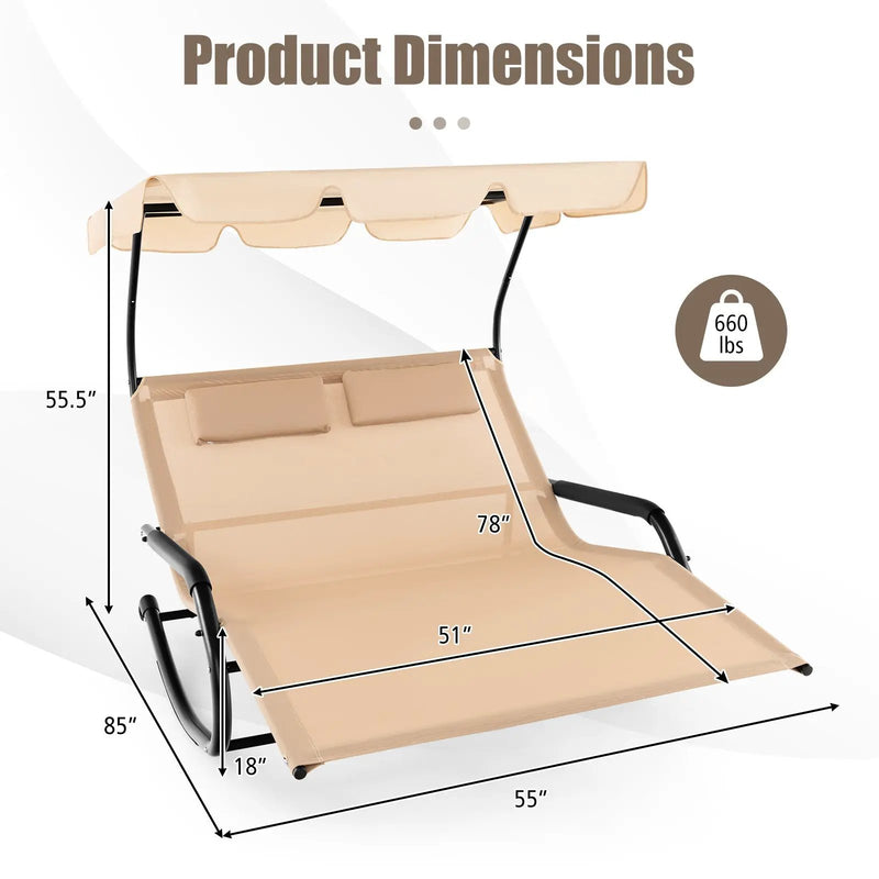 Outdoor 2 Persons Rocking Chaise Lounge with Canopy and Wheels-Beige by DirectDeals