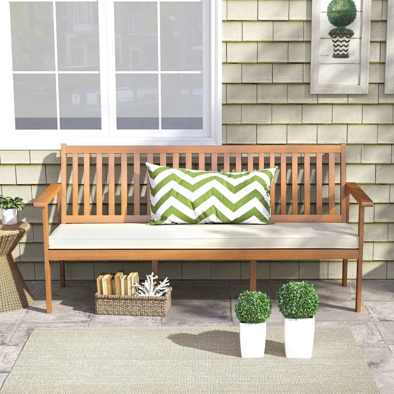 Outdoor 3-Seat Wood Bench with Seat Cushion and Slatted Seat-White by DirectDeals