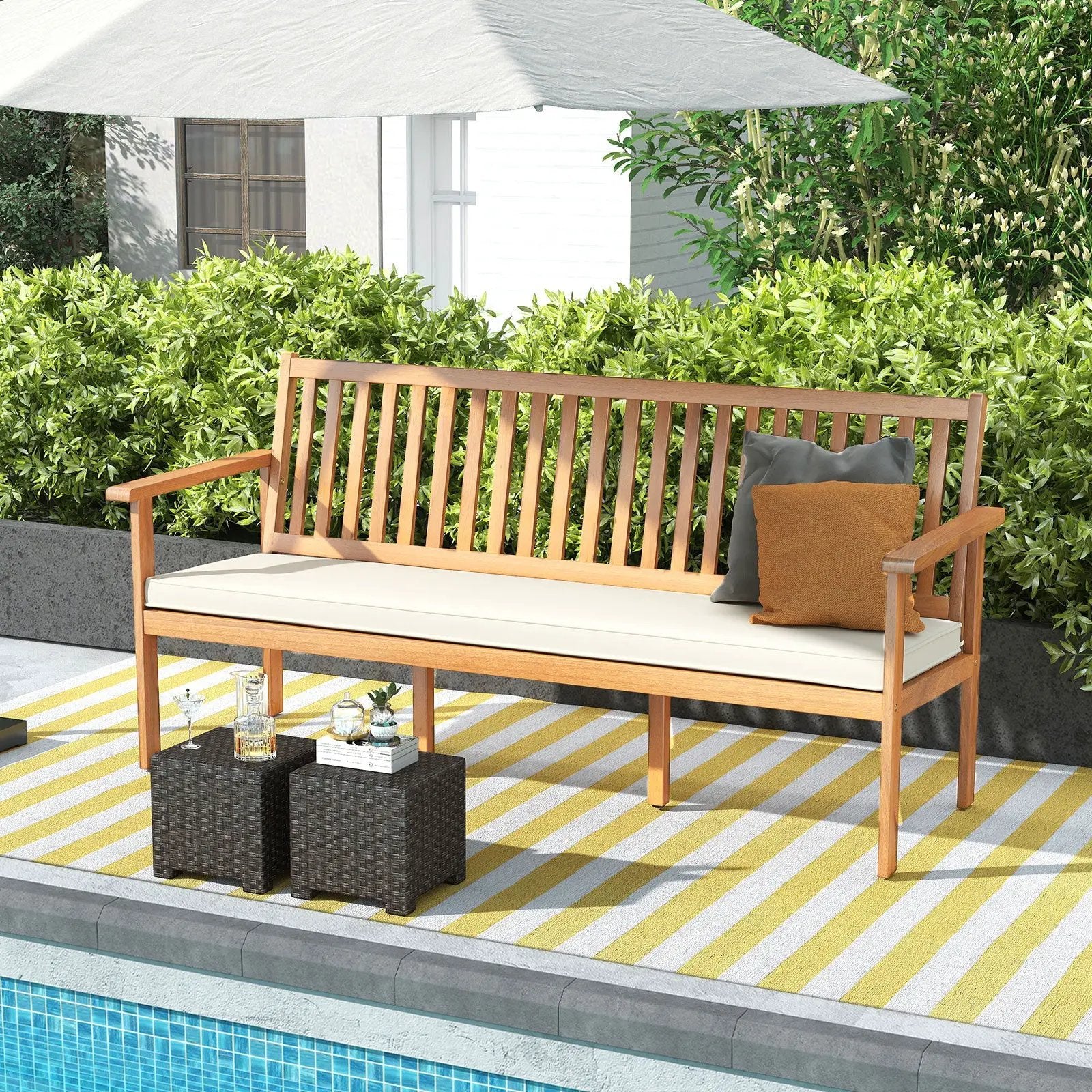 Outdoor 3-Seat Wood Bench with Seat Cushion and Slatted Seat-White by DirectDeals