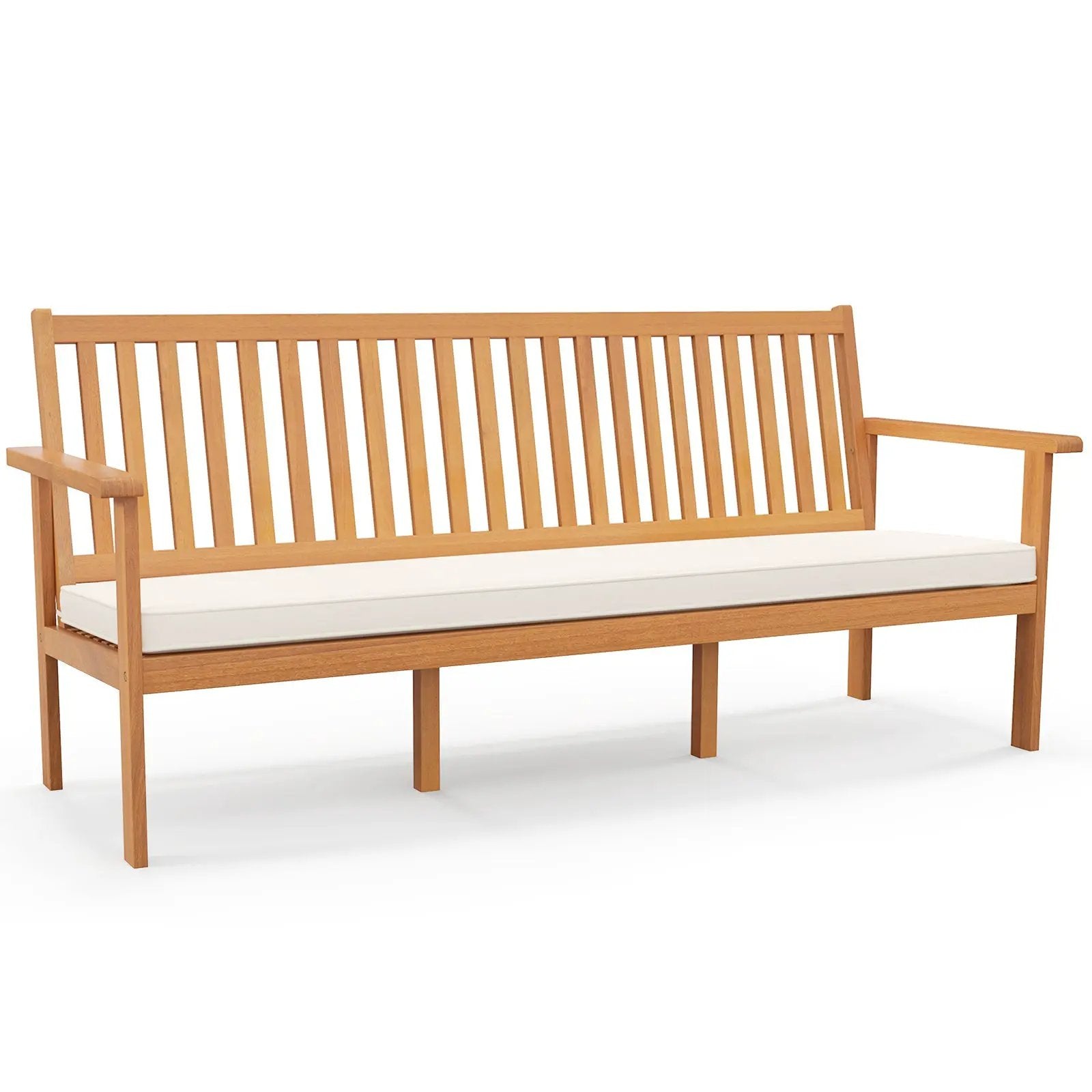 Outdoor 3-Seat Wood Bench with Seat Cushion and Slatted Seat-White by DirectDeals