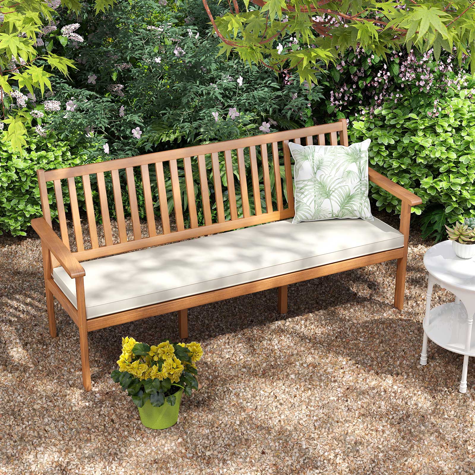 Outdoor 3-Seat Wood Bench with Seat Cushion and Slatted Seat-White by DirectDeals