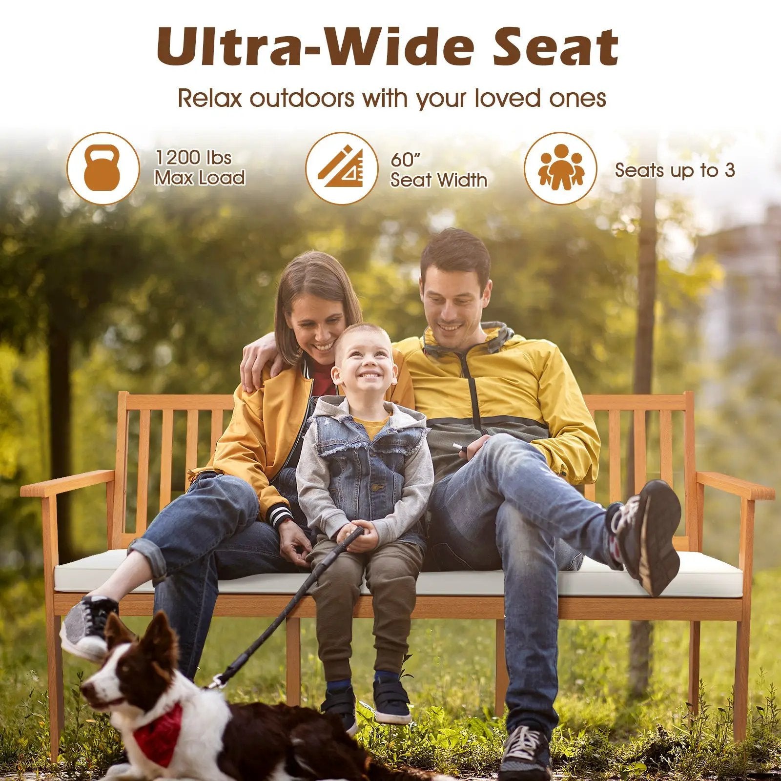 Outdoor 3-Seat Wood Bench with Seat Cushion and Slatted Seat-White by DirectDeals