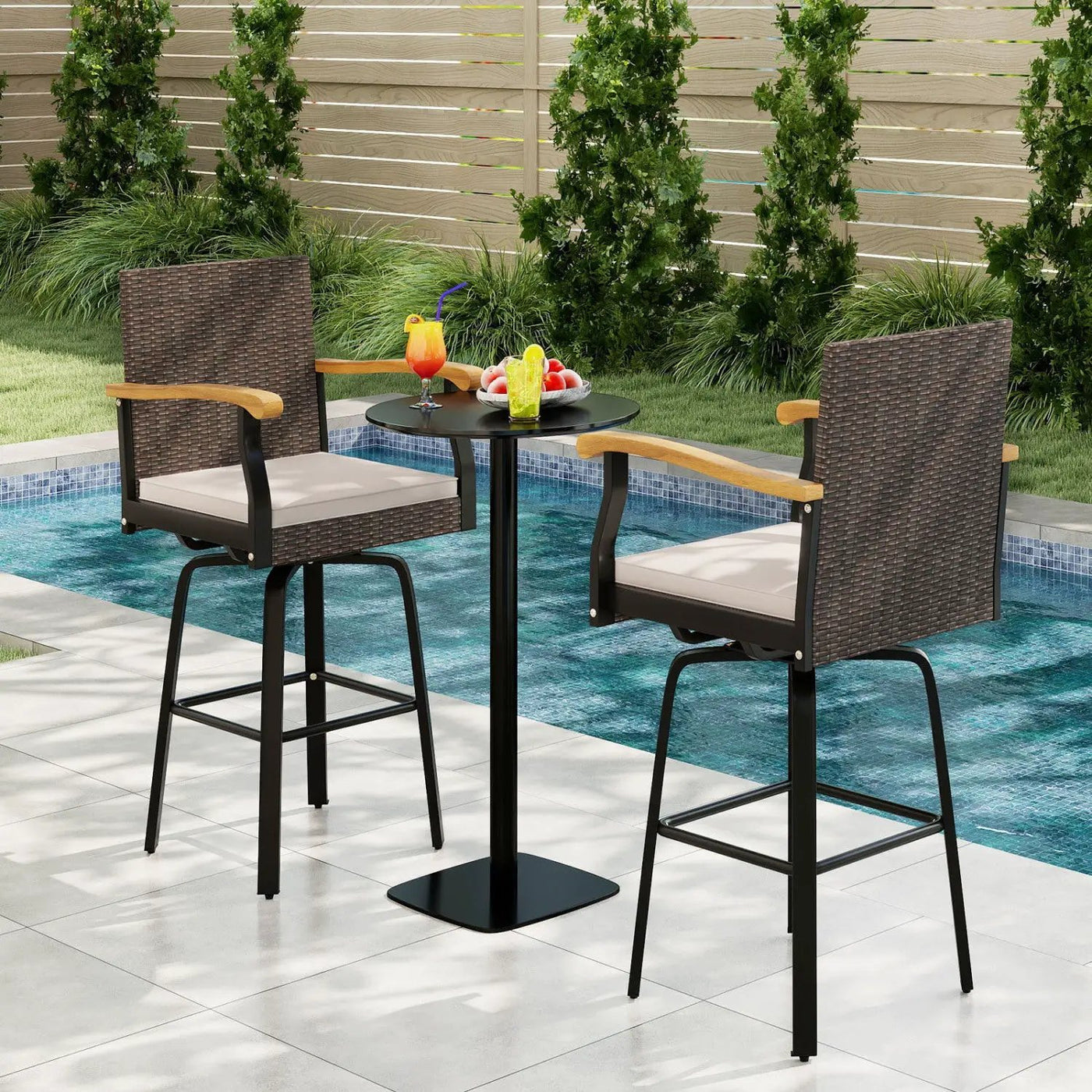 360° Swivel Outdoor Bar Stool with Cushion & Wood Armrests by DirectDeals