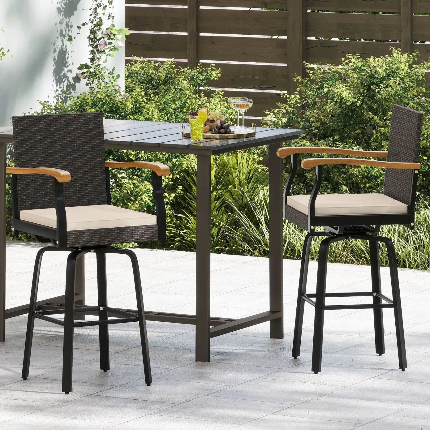 360° Swivel Outdoor Bar Stool with Cushion & Wood Armrests by DirectDeals
