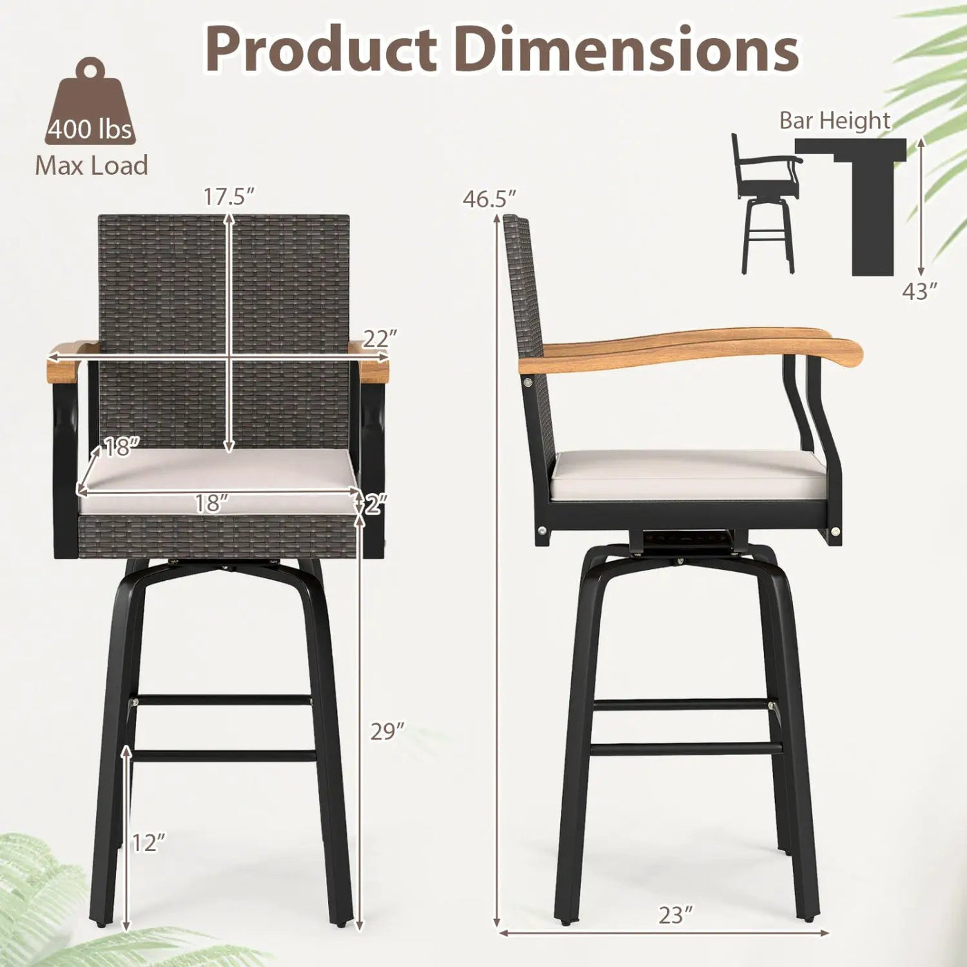 360° Swivel Outdoor Bar Stool with Cushion & Wood Armrests by DirectDeals