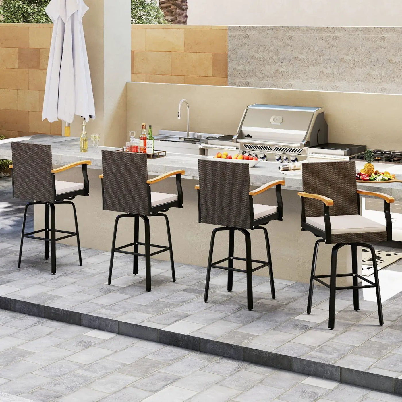 360° Swivel Outdoor Bar Stool with Cushion & Wood Armrests by DirectDeals