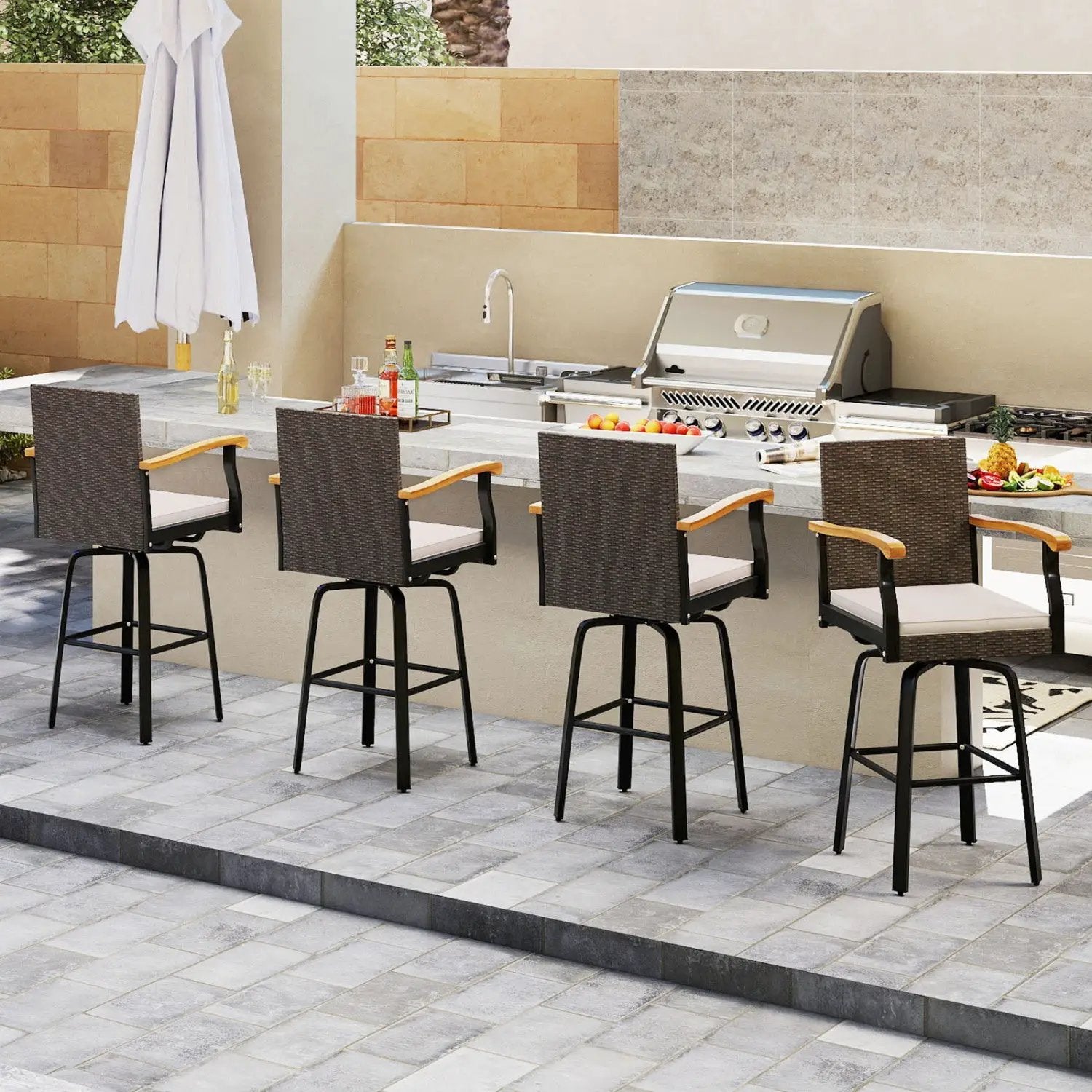 360° Swivel Outdoor Bar Stool with Cushion & Wood Armrests by DirectDeals