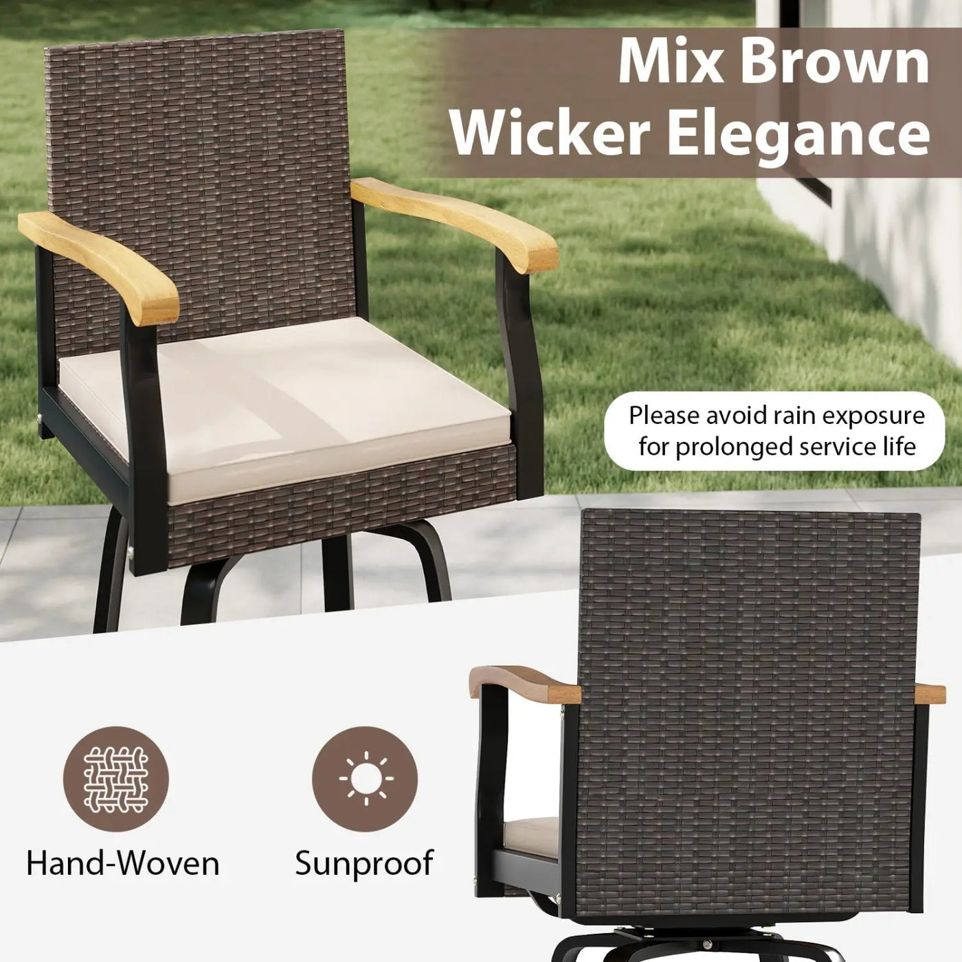 360° Swivel Outdoor Bar Stool with Cushion & Wood Armrests by DirectDeals