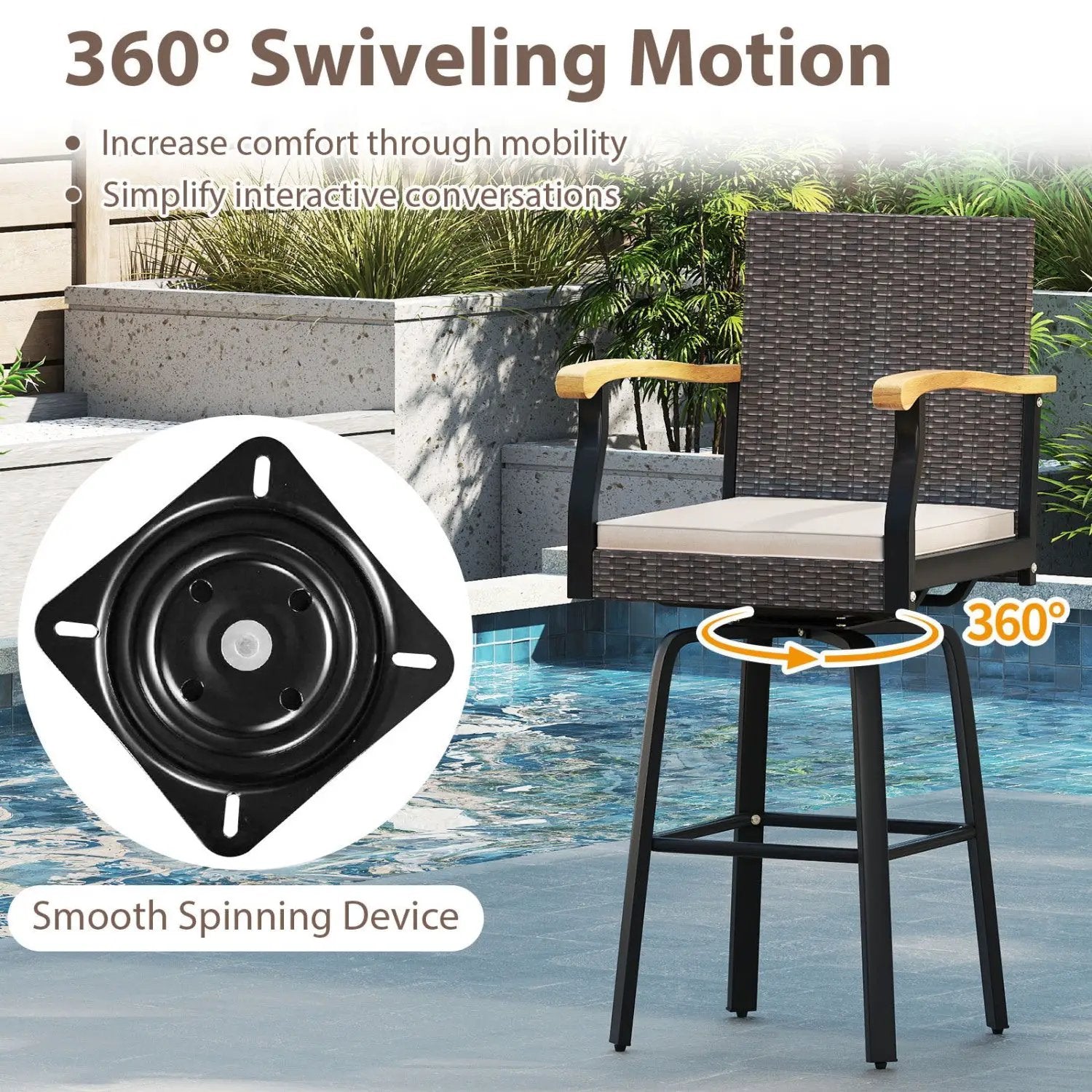 360° Swivel Outdoor Bar Stool with Cushion & Wood Armrests by DirectDeals