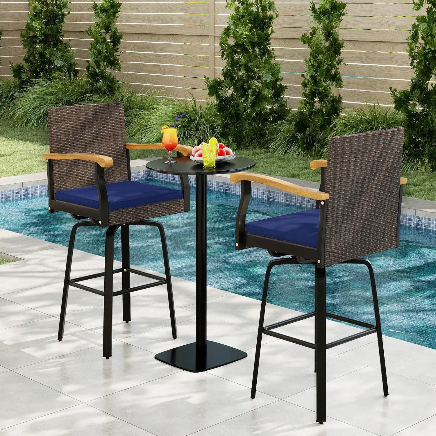 360° Swivel Outdoor Bar Stool with Cushion & Wood Armrests by DirectDeals