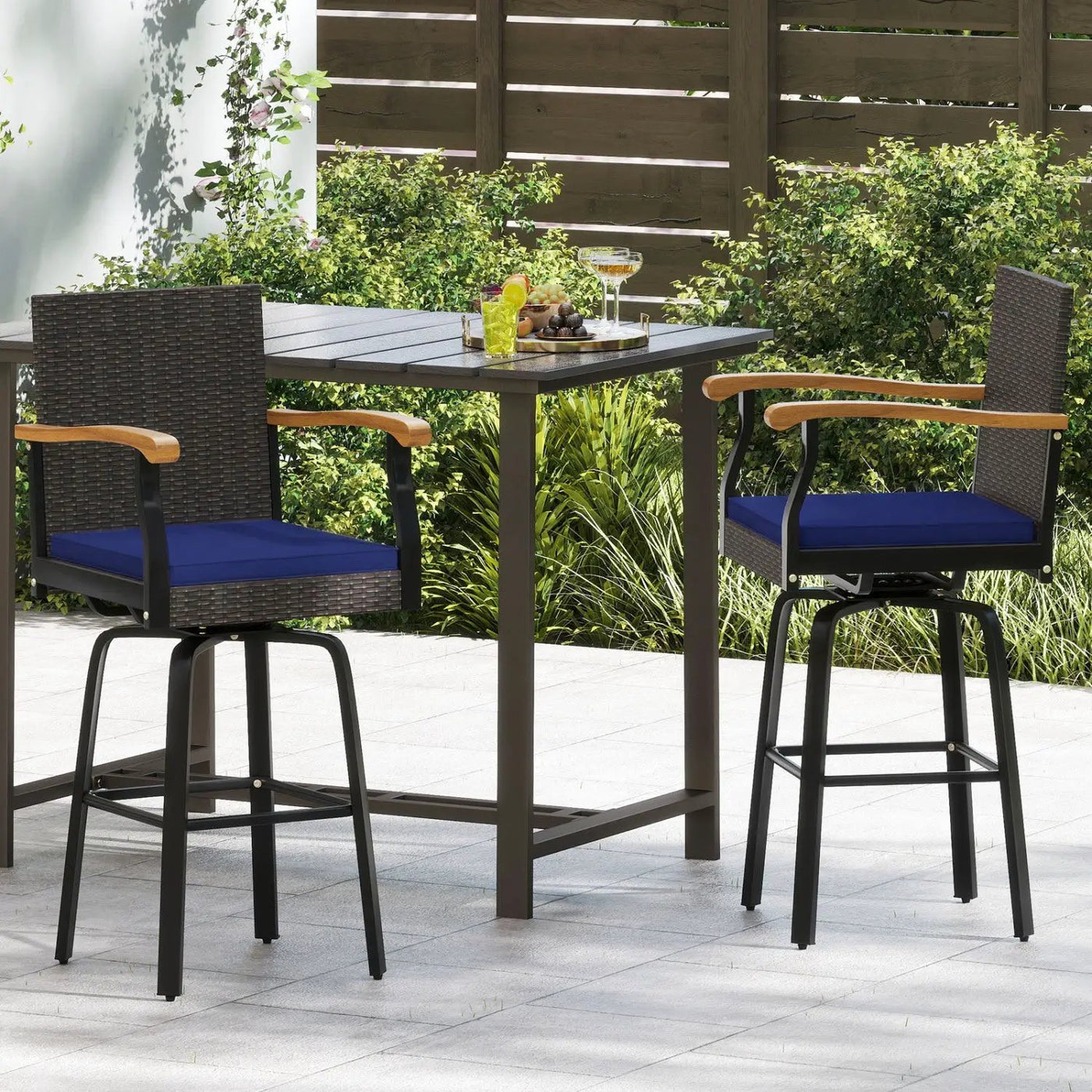 360° Swivel Outdoor Bar Stool with Cushion & Wood Armrests by DirectDeals