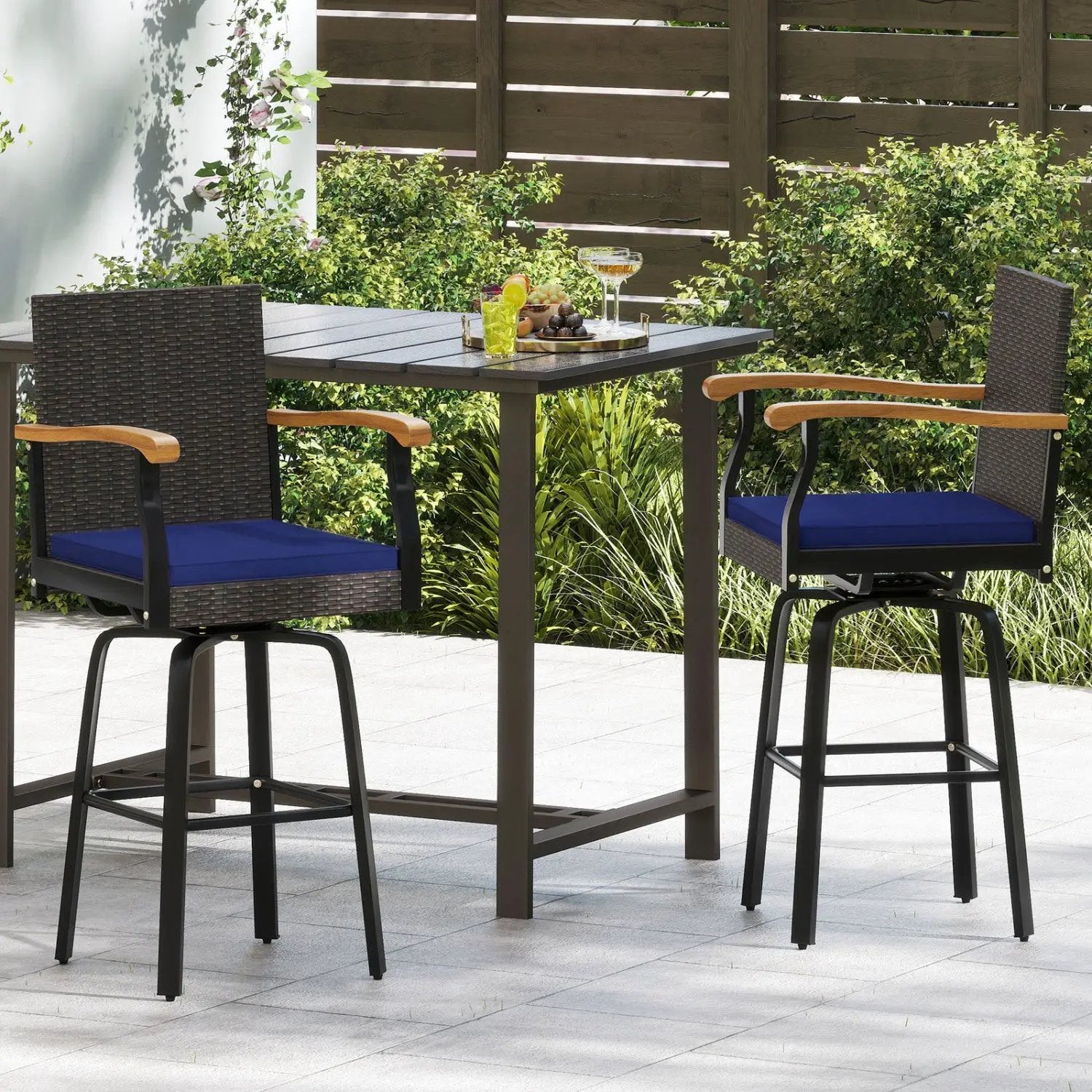 360° Swivel Outdoor Bar Stool with Cushion & Wood Armrests by DirectDeals