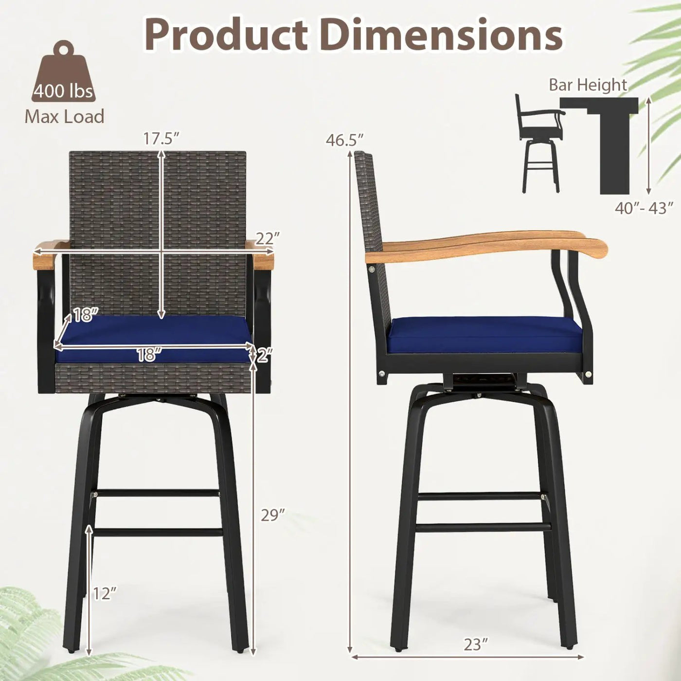 360° Swivel Outdoor Bar Stool with Cushion & Wood Armrests by DirectDeals