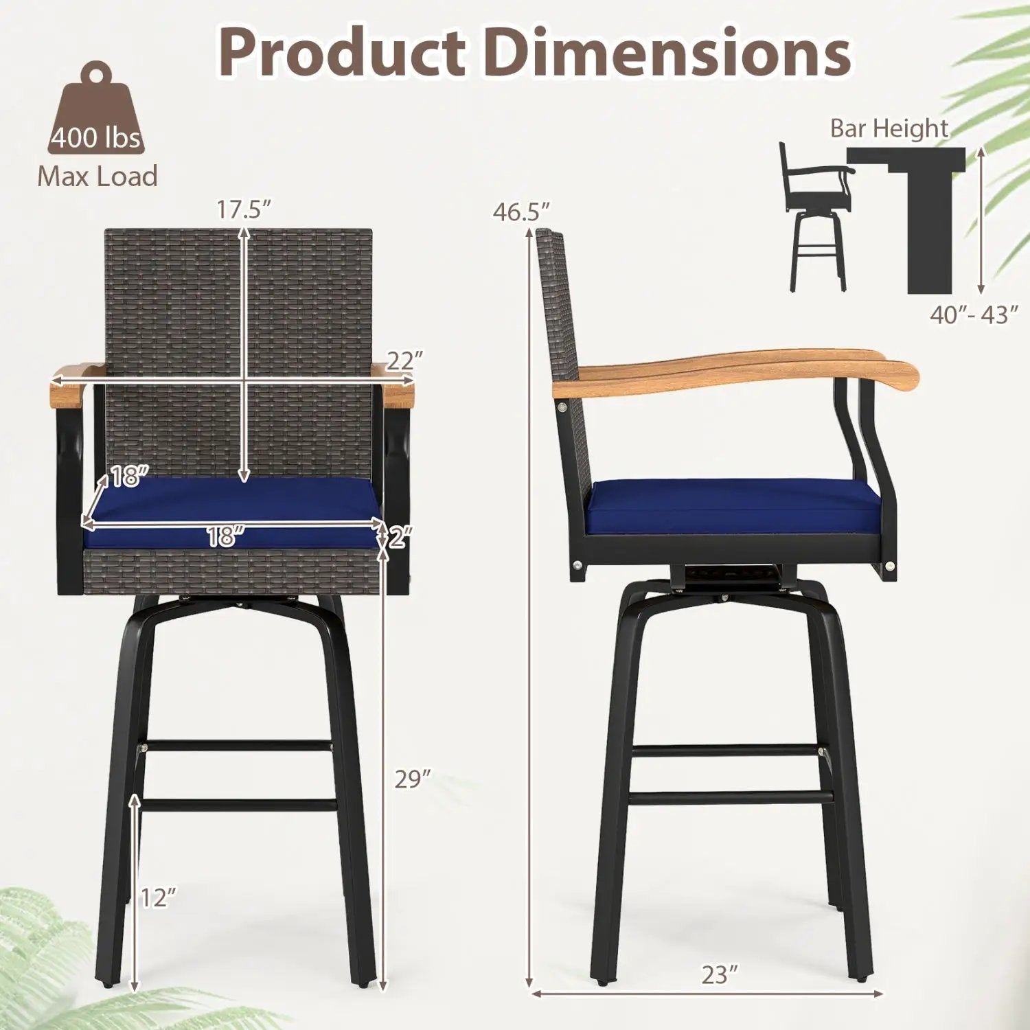 360° Swivel Outdoor Bar Stool with Cushion & Wood Armrests by DirectDeals