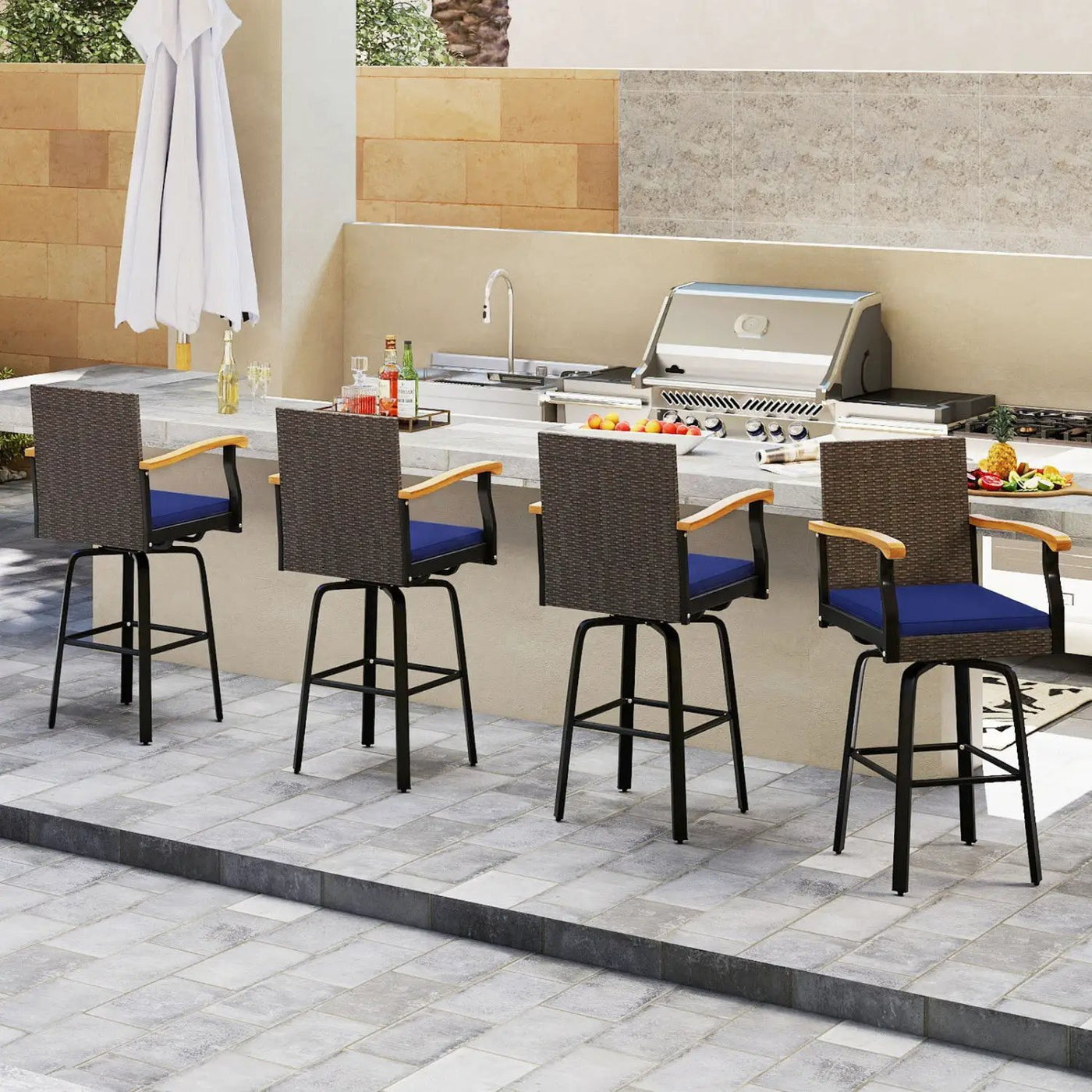 360° Swivel Outdoor Bar Stool with Cushion & Wood Armrests by DirectDeals