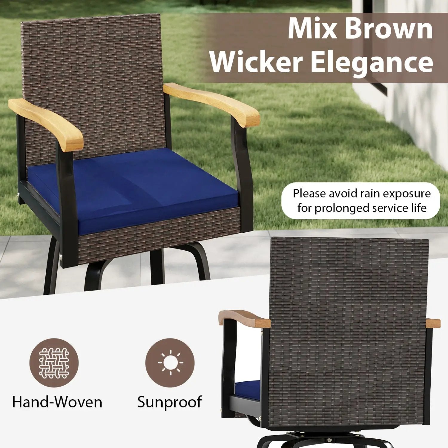 360° Swivel Outdoor Bar Stool with Cushion & Wood Armrests by DirectDeals
