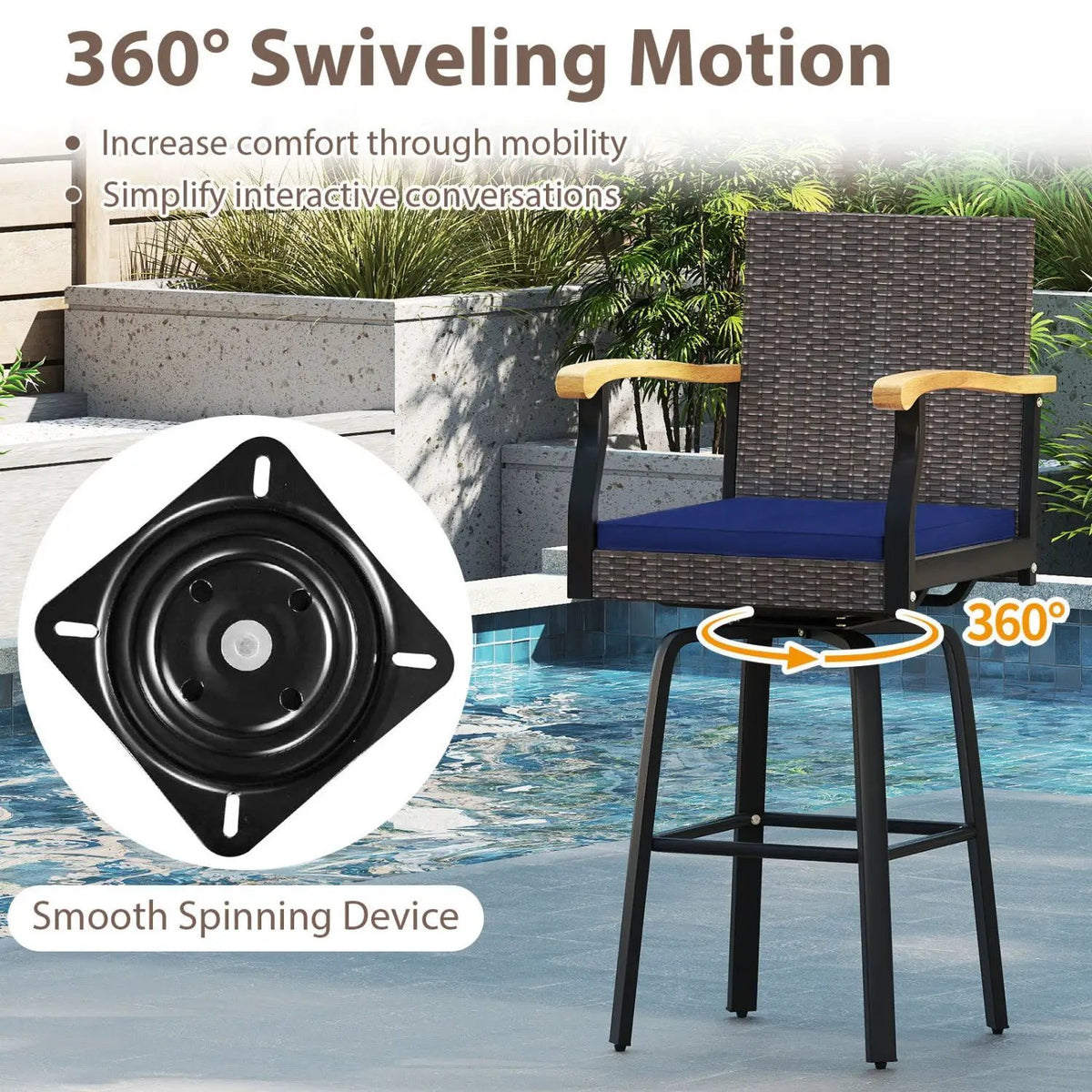 360° Swivel Outdoor Bar Stool with Cushion & Wood Armrests by DirectDeals