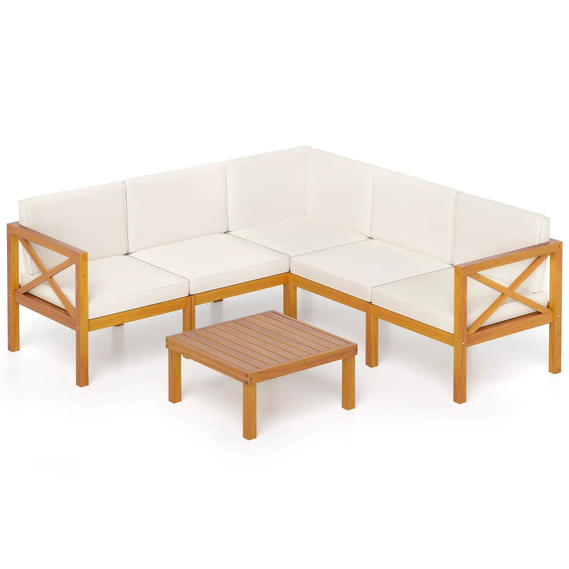 Outdoor 6 Pieces Acacia Wood Patio Sectional Furniture Set-Off White by DirectDeals