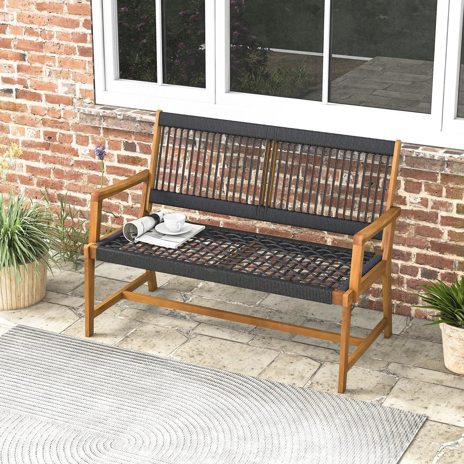 Outdoor Acacia Wood Bench with Rope Woven Backrest and Armrests for 2-Person by DirectDeals