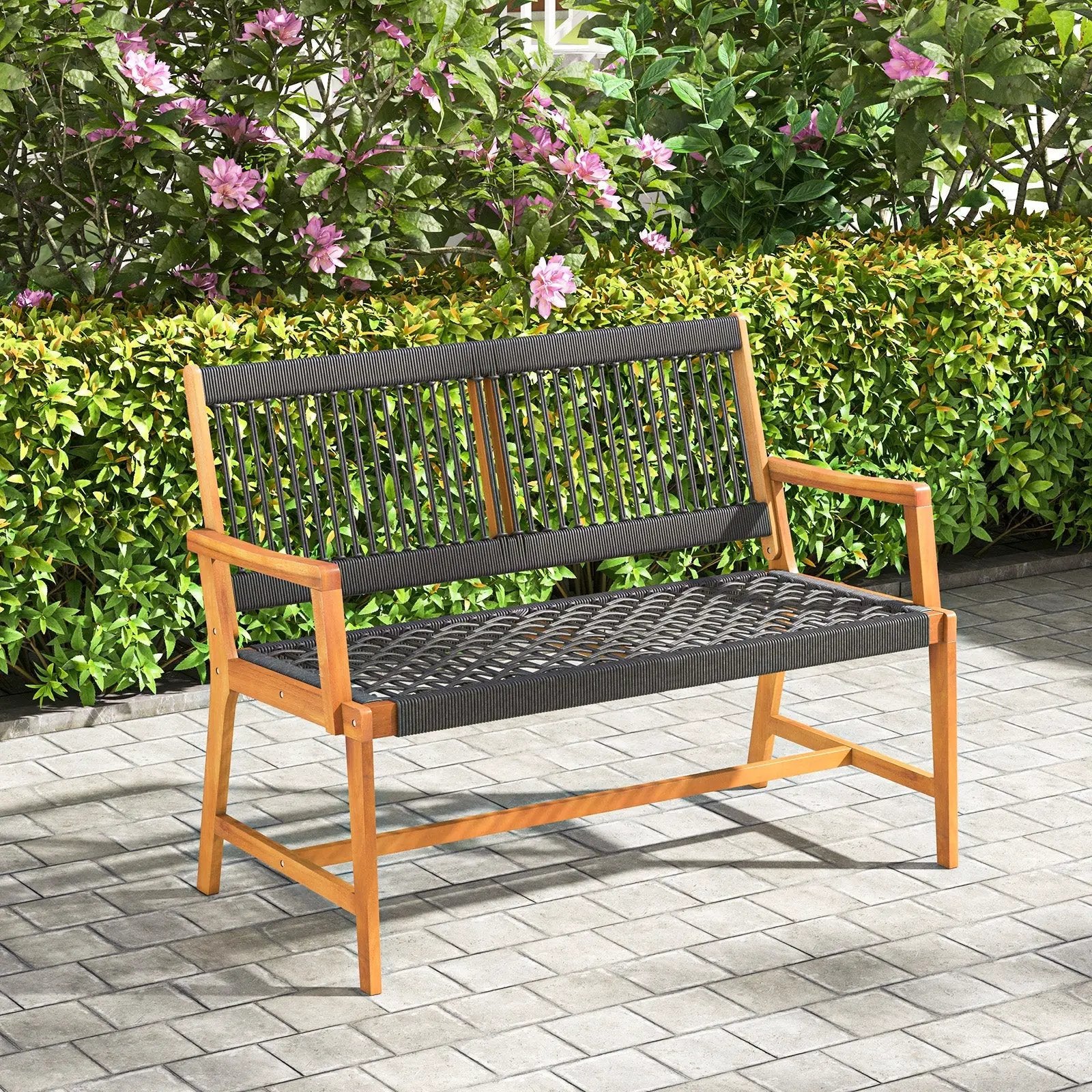 Outdoor Acacia Wood Bench with Rope Woven Backrest and Armrests for 2-Person by DirectDeals