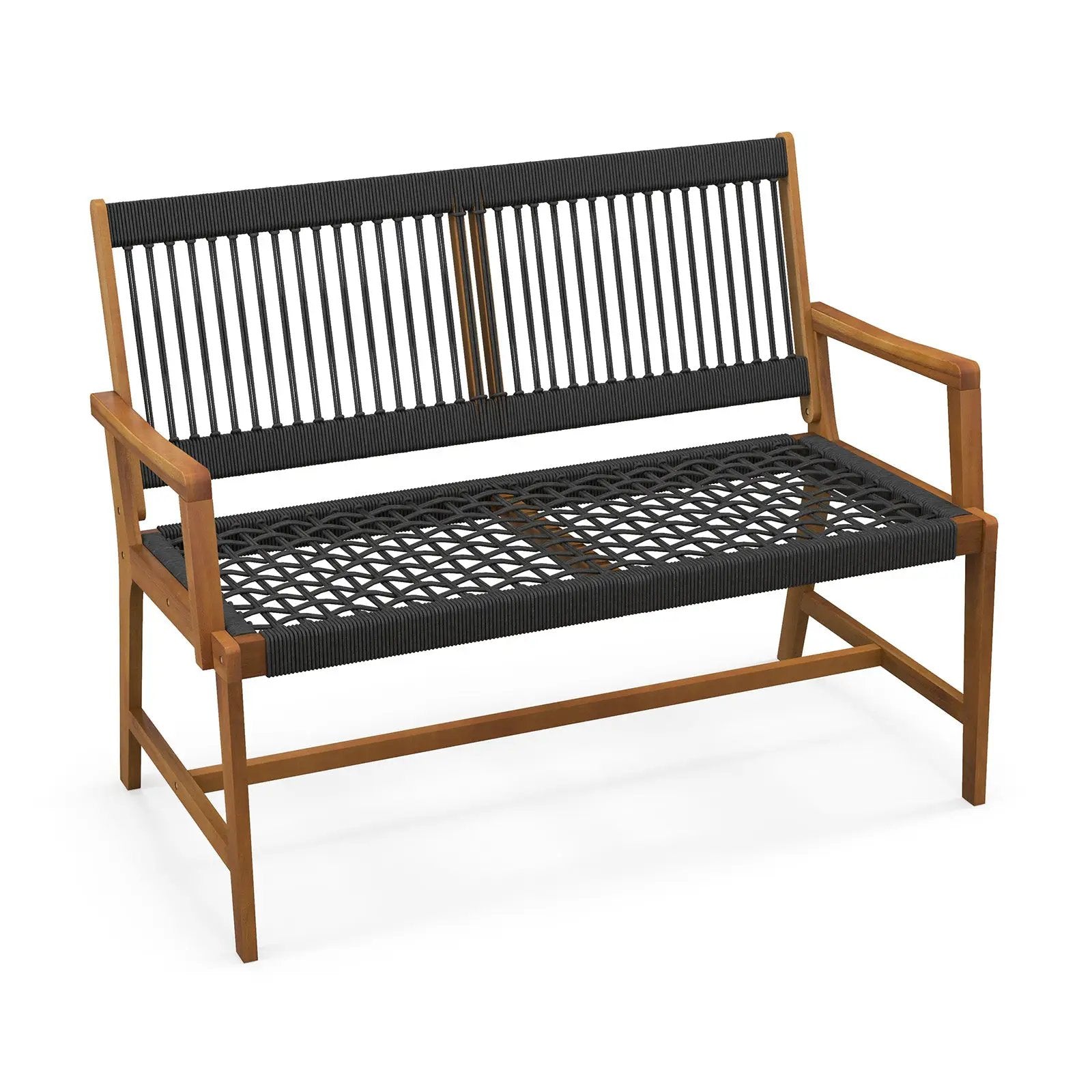 Outdoor Acacia Wood Bench with Rope Woven Backrest and Armrests for 2-Person by DirectDeals