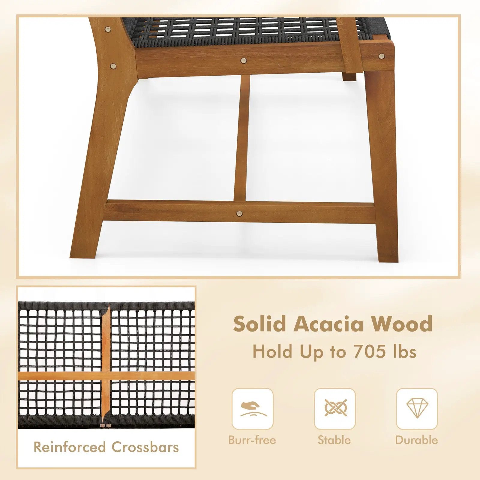 Outdoor Acacia Wood Bench with Rope Woven Backrest and Armrests for 2-Person by DirectDeals
