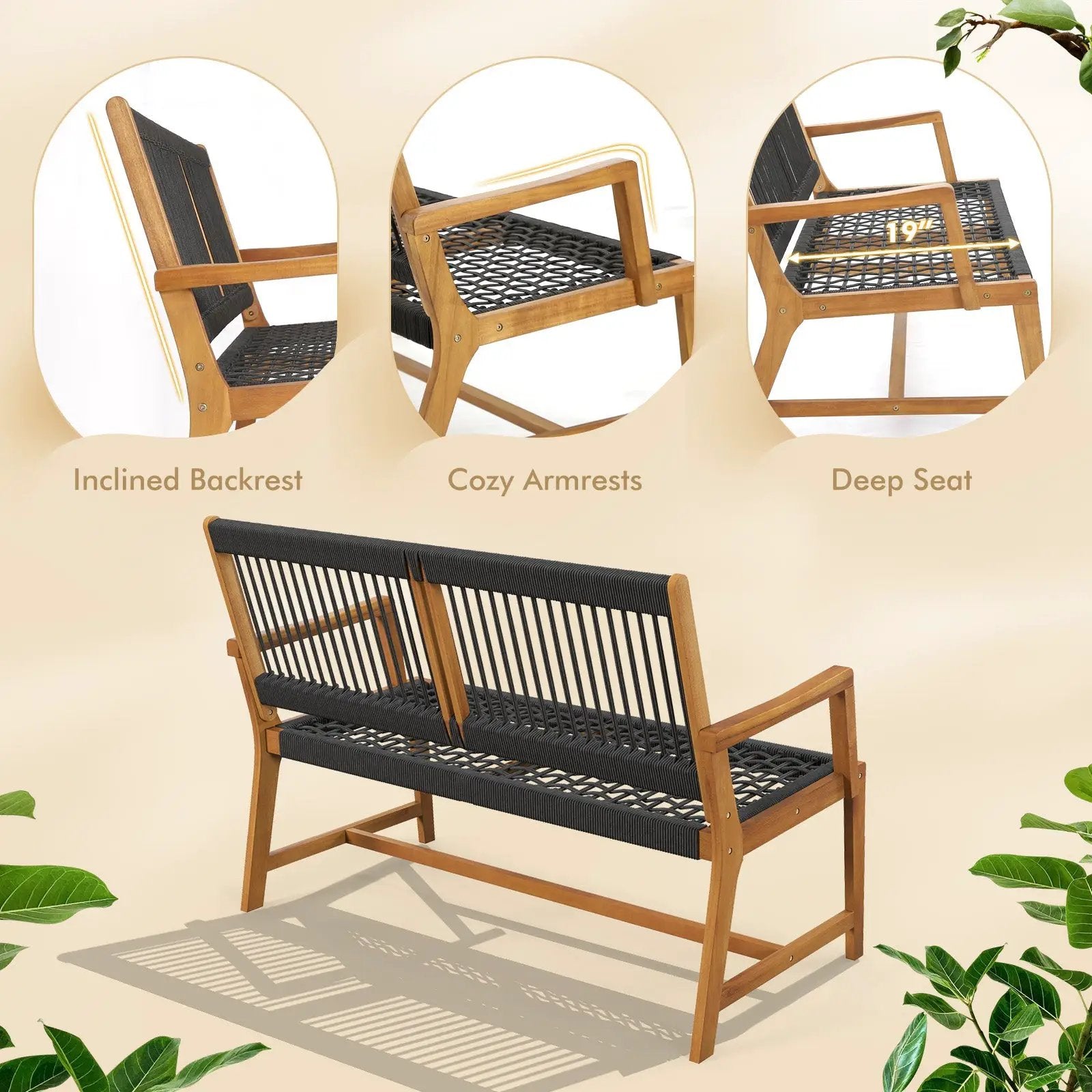 Outdoor Acacia Wood Bench with Rope Woven Backrest and Armrests for 2-Person by DirectDeals