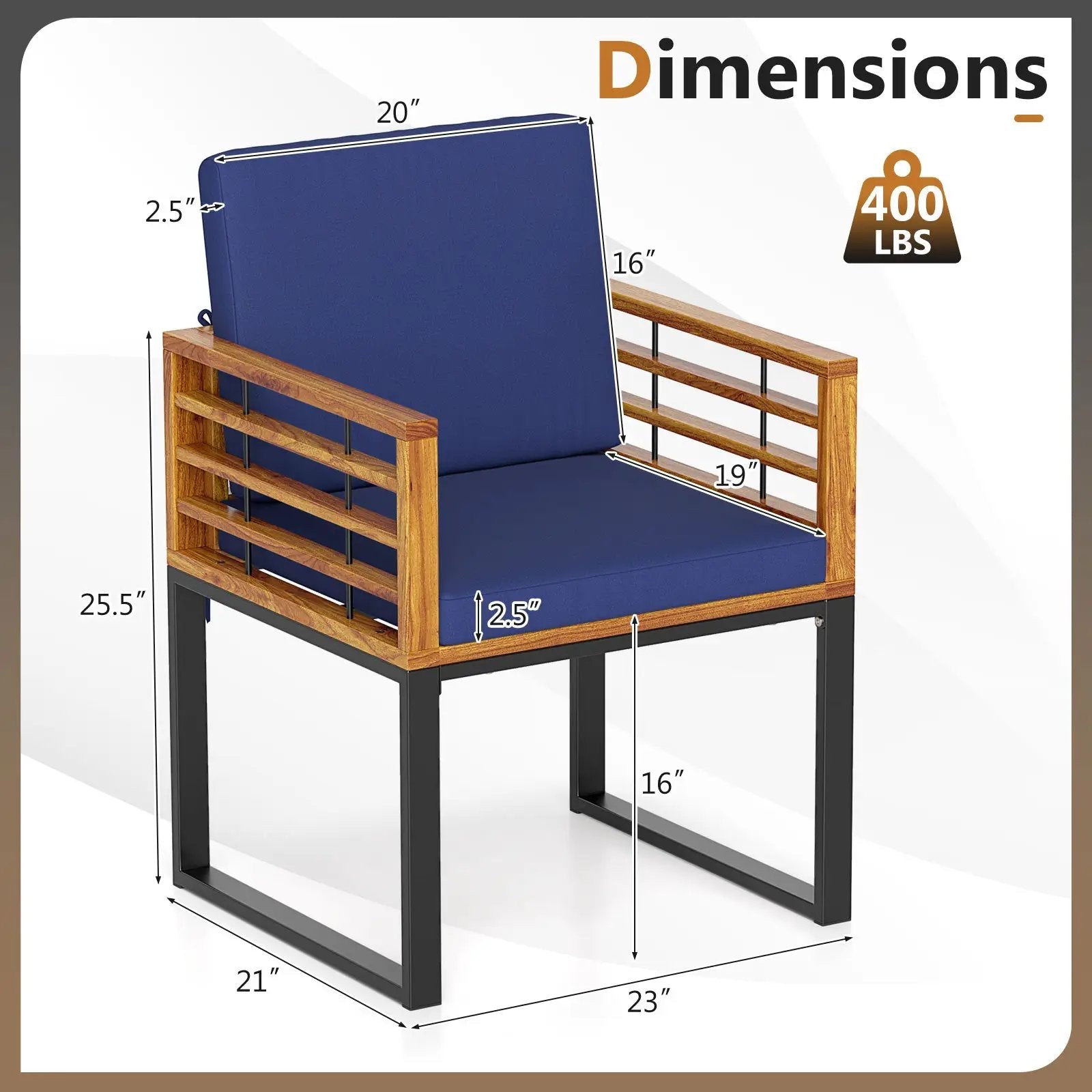 Outdoor Acacia Wood Patio Dining Chairs Set of 6 with Seat Back Cushions-Navy by DirectDeals