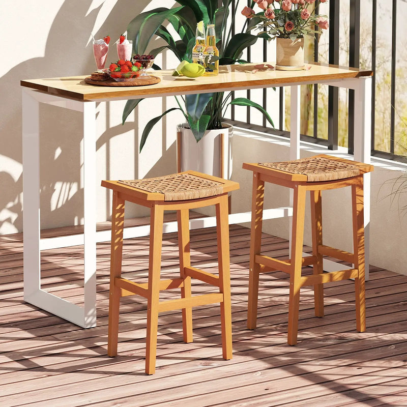 Outdoor Acacia Wood Bar Stools Set of 2 with PE Rattan Seats and Backrests by DirectDeals
