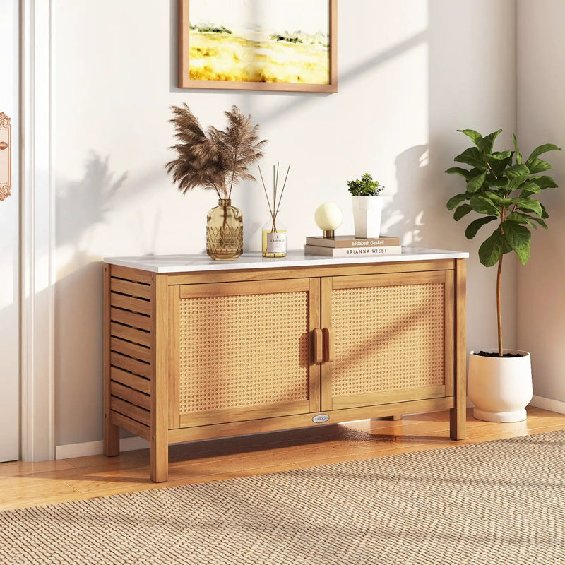 Outdoor Acacia Wood Storage Cabinet Outside Tool Cabinet with Fax Marble Top by DirectDeals