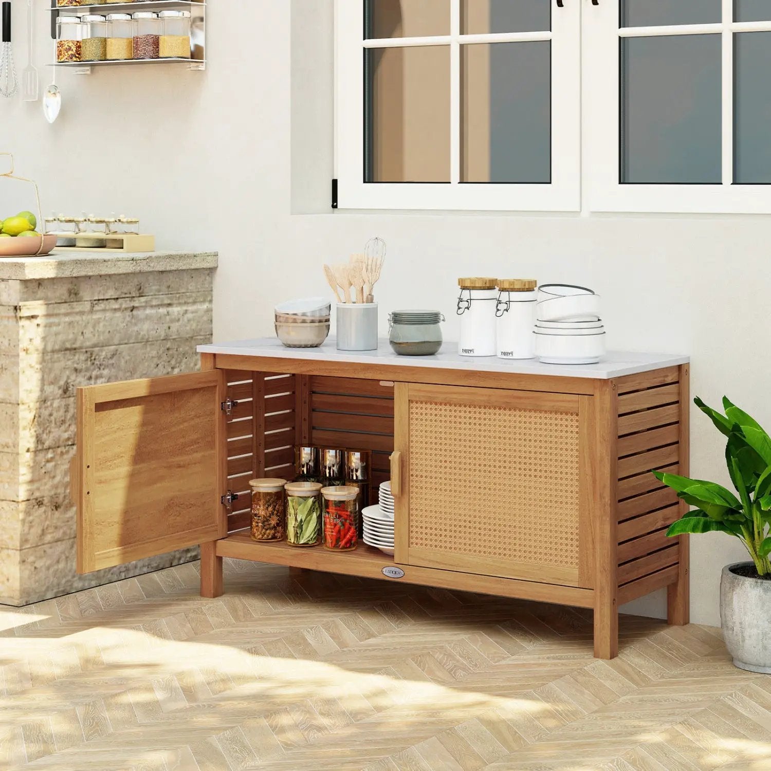 Outdoor Acacia Wood Storage Cabinet Outside Tool Cabinet with Fax Marble Top by DirectDeals