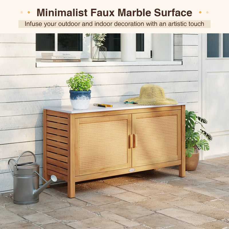 Outdoor Acacia Wood Storage Cabinet Outside Tool Cabinet with Fax Marble Top by DirectDeals