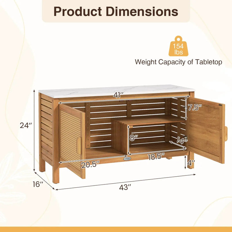 Outdoor Acacia Wood Storage Cabinet Outside Tool Cabinet with Fax Marble Top by DirectDeals