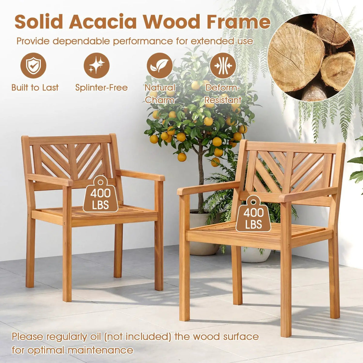 Outdoor Acacia Wood Patio Dining Chairs Garden Seating Chairs with 400 lbs Capacity, photo 13 of 16