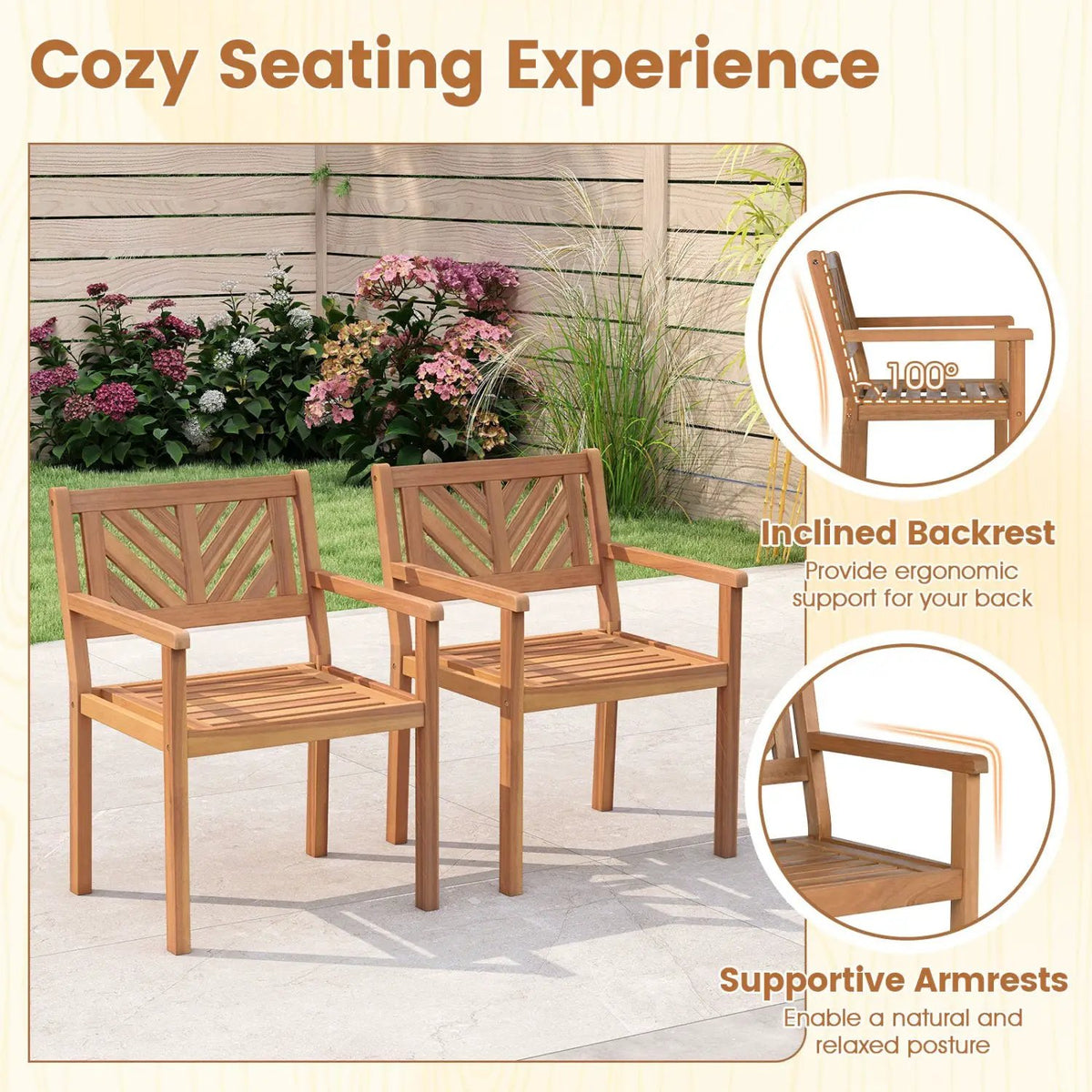 Outdoor Acacia Wood Patio Dining Chairs Garden Seating Chairs with 400 lbs Capacity, photo 14 of 16