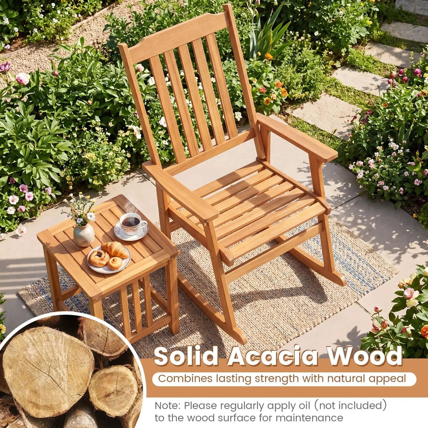 Acacia Wood Rocking Chair with High Back for Patio by DirectDeals