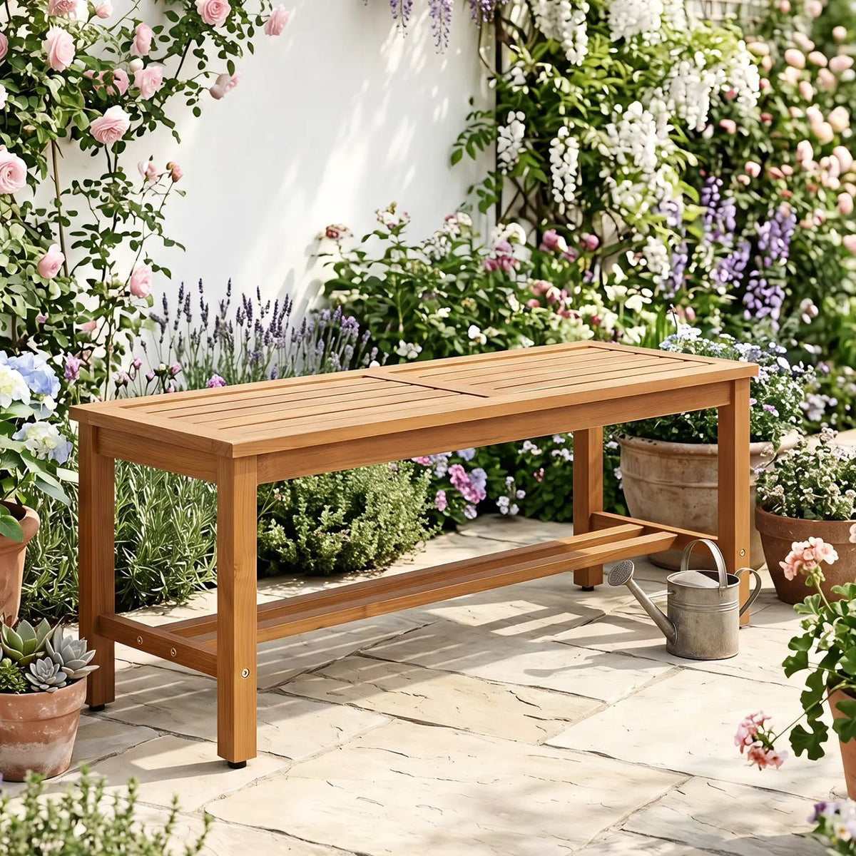 Acacia Wood Patio Bench for 2 with Slatted Seat, photo 8 of 14
