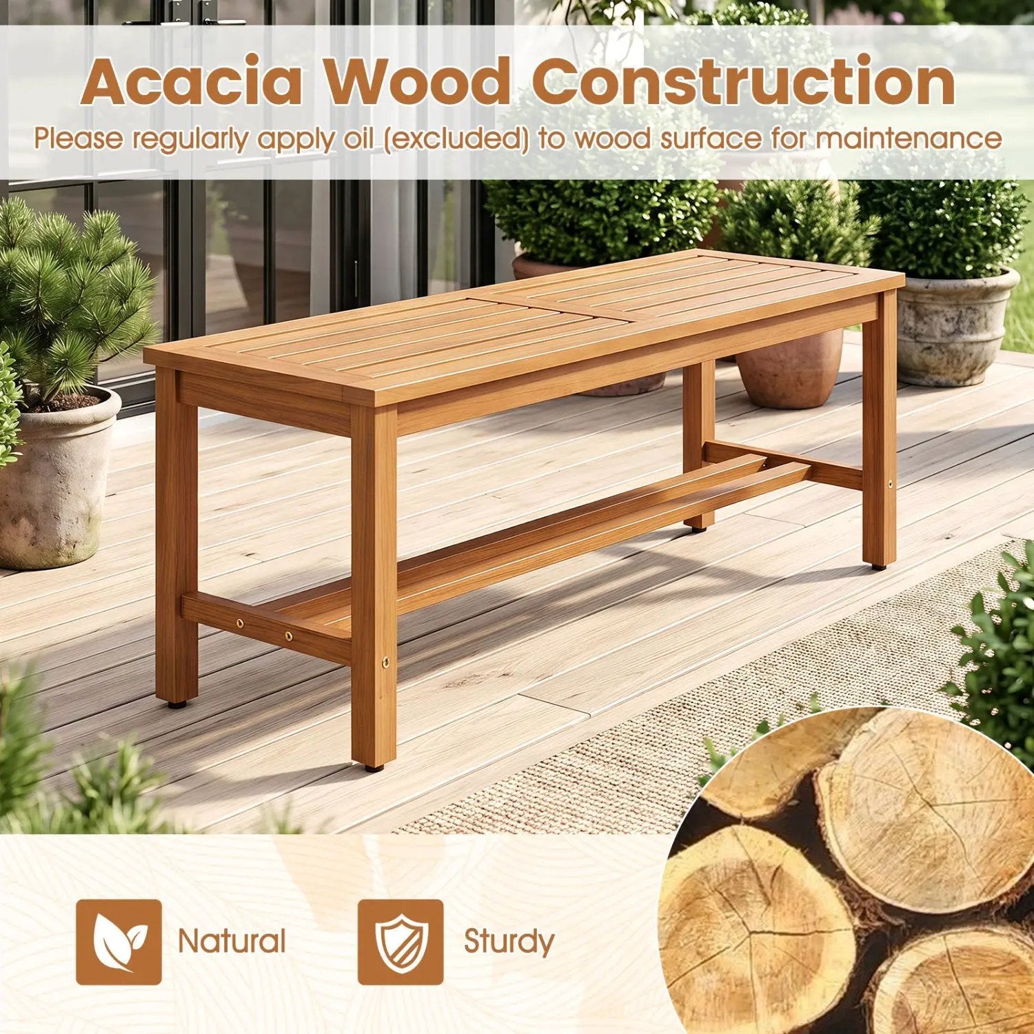 Acacia Wood Patio Bench for 2 with Slatted Seat by DirectDeals