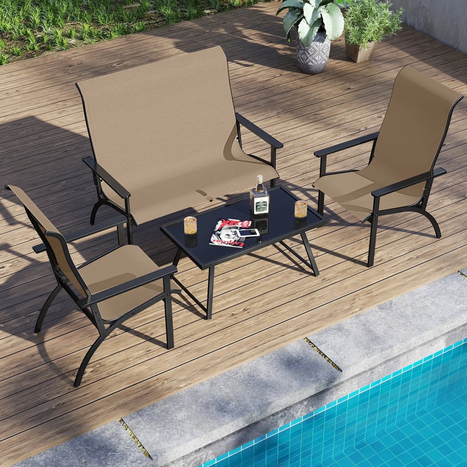 Outdoor Adirondack Chair with High Back and Metal Frame for Porch Garden-Coffee by DirectDeals