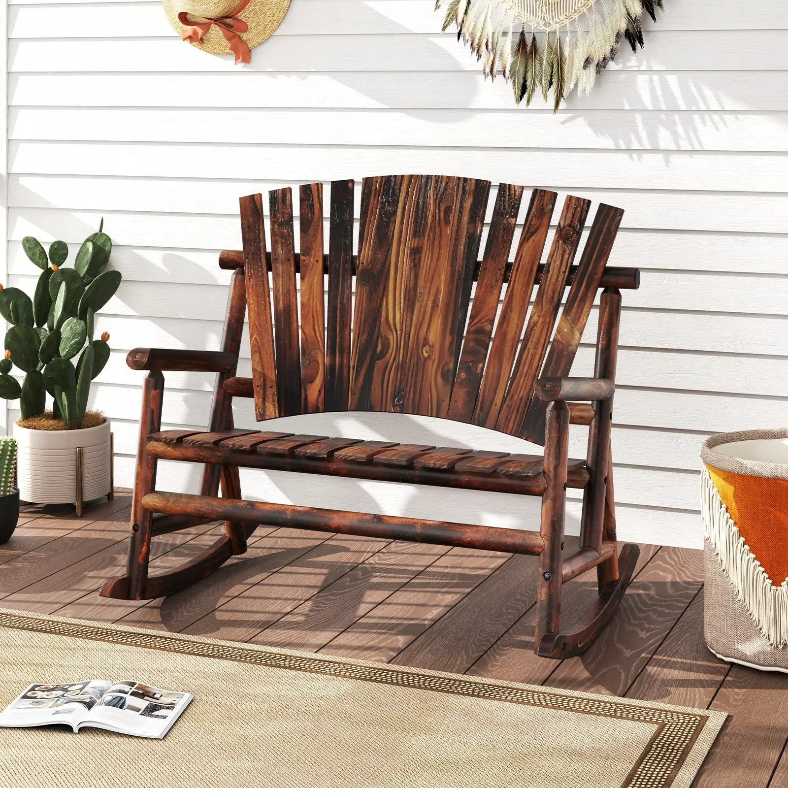 Outdoor Adirondack Rocking Chair for Adults with High Back and Slatted Seat-Brown by DirectDeals