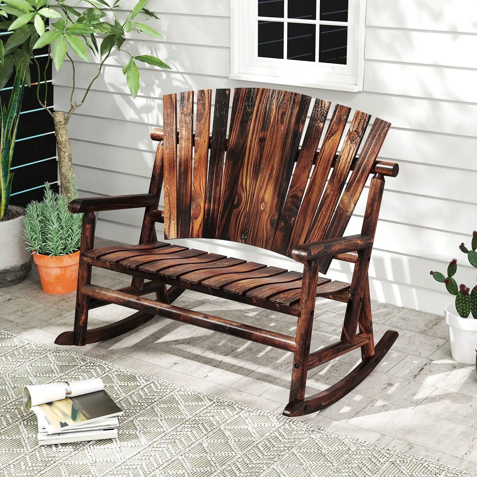 Outdoor Adirondack Rocking Chair for Adults with High Back and Slatted Seat-Brown by DirectDeals