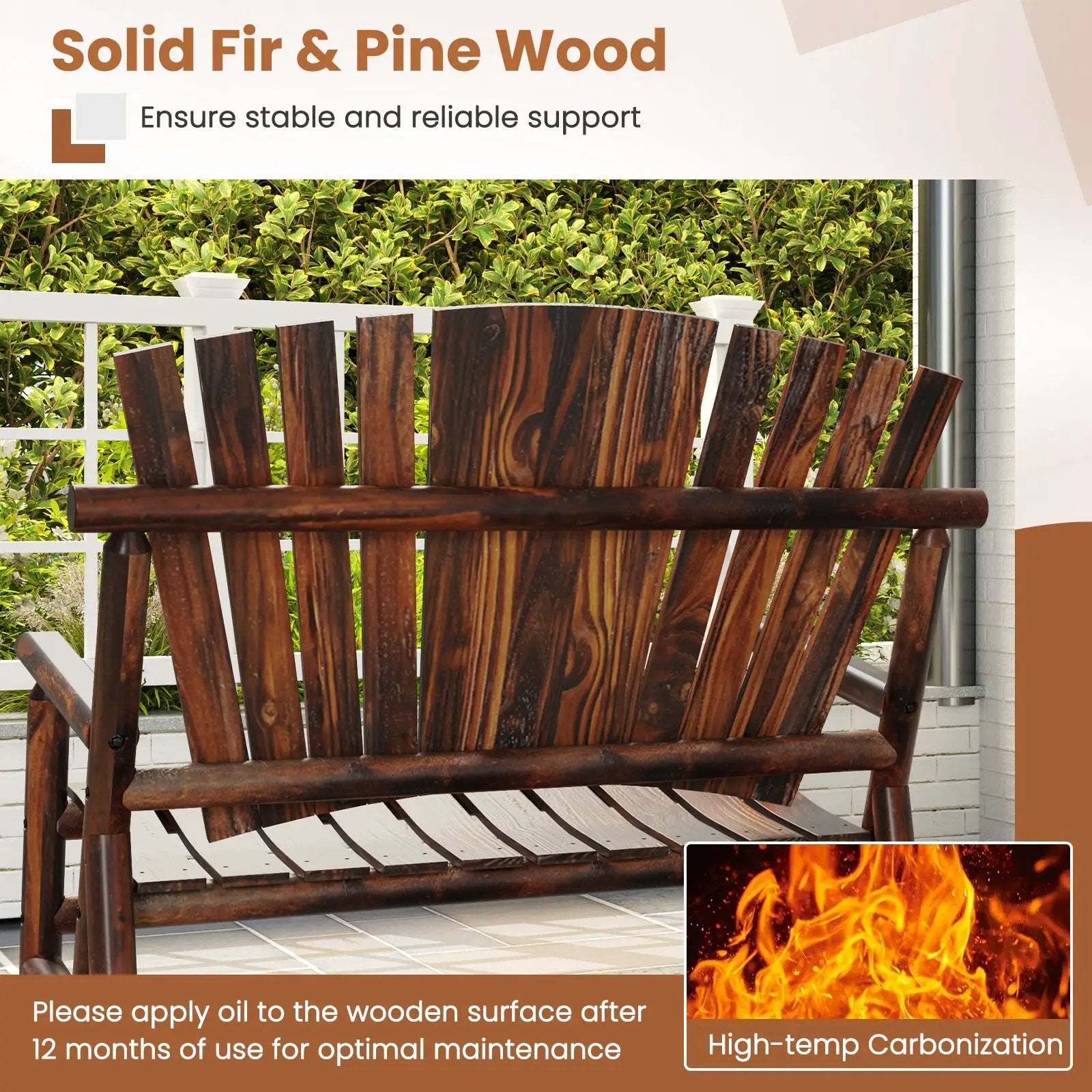 Outdoor Adirondack Rocking Chair for Adults with High Back and Slatted Seat-Brown by DirectDeals