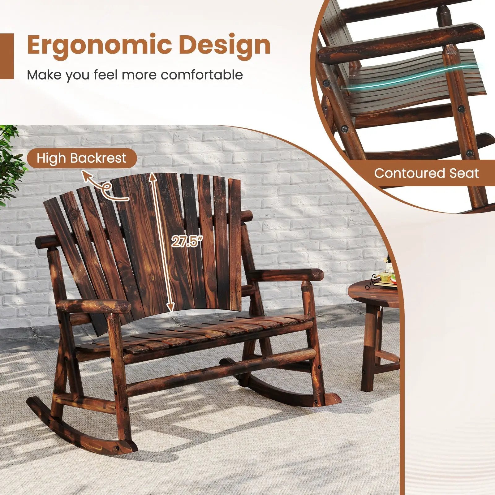 Outdoor Adirondack Rocking Chair for Adults with High Back and Slatted Seat-Brown by DirectDeals
